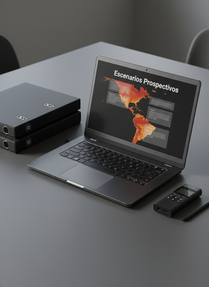 A high-resolution close-up of an open, dark metal laptop on a graphite-gray table, its screen displaying a confidential strategic report titled “Escenarios Prospectivos” overlaid on a heat-map of Latin America. Surrounding the laptop are neatly stacked matte black folders with discreet security labels and a slim digital voice recorder. Soft, diffused daylight enters from an unseen window, creating gentle highlights along the device edges and subtle shadows under the objects. Photographic realism with a slightly elevated angle and shallow depth of field keeps the focus on the laptop screen. The atmosphere is discreet, methodical, and technical, evoking rigorous, nonpartisan analysis and controlled access to sensitive information.