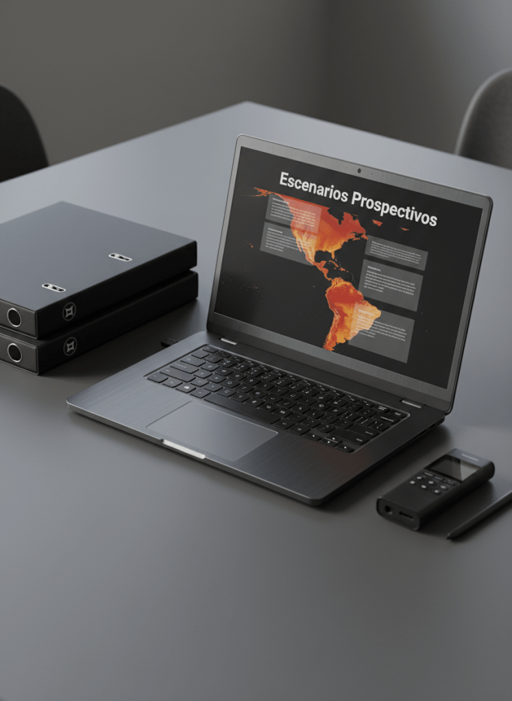 A high-resolution close-up of an open, dark metal laptop on a graphite-gray table, its screen displaying a confidential strategic report titled “Escenarios Prospectivos” overlaid on a heat-map of Latin America. Surrounding the laptop are neatly stacked matte black folders with discreet security labels and a slim digital voice recorder. Soft, diffused daylight enters from an unseen window, creating gentle highlights along the device edges and subtle shadows under the objects. Photographic realism with a slightly elevated angle and shallow depth of field keeps the focus on the laptop screen. The atmosphere is discreet, methodical, and technical, evoking rigorous, nonpartisan analysis and controlled access to sensitive information.