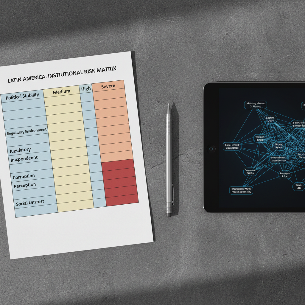 A minimalist, top-down photographic composition of a dark slate desk featuring three main elements: a printed risk matrix for Latin America with neatly shaded cells, a matte black tablet displaying a network graph of institutional actors, and a slim, silver mechanical pencil aligned precisely along the page edge. The background surface has a subtle stone texture that absorbs light, while soft, overcast daylight from the left creates gentle, directional shadows that define each object. Photographic realism, strong emphasis on geometry and negative space. The atmosphere is quiet, methodical, and highly analytical, ideal to represent structured evaluation of incentives and institutional risk in complex political environments.