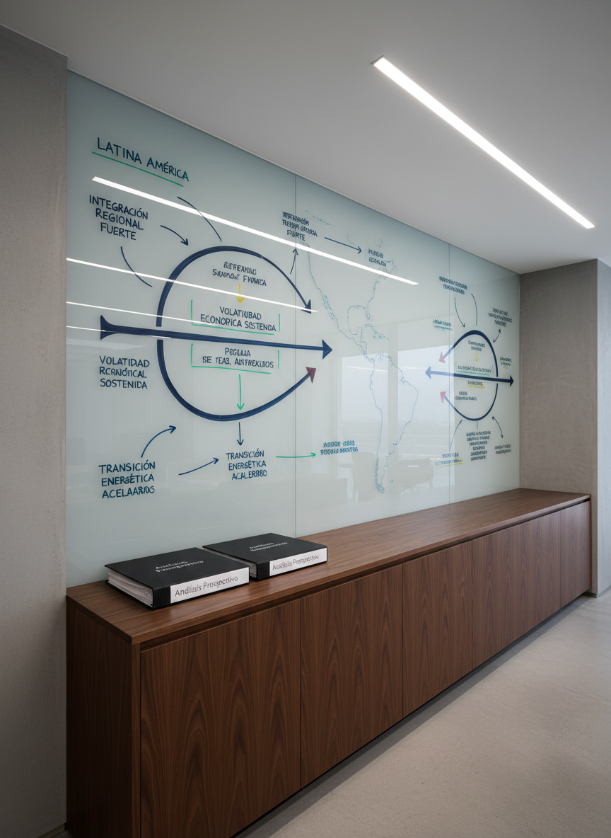 An expansive wall-sized frosted glass board filled with meticulously organized scenario planning diagrams for Latin America: color-coded arrows, timelines, and neatly written scenario names in dark ink, intersecting around a subtle outline map of the region. Below, a dark oak credenza holds a few closed binders stamped “Análisis Prospectivo” in understated silver lettering. Overhead, cool neutral office lighting produces even, shadowless illumination, with faint reflections in the glass surface. Photographic realism, shot from a slightly oblique angle to emphasize depth along the length of the board. The mood is structured, forward-looking, and strategic, suggesting rigorous design of future scenarios in a neutral, highly professional workspace.