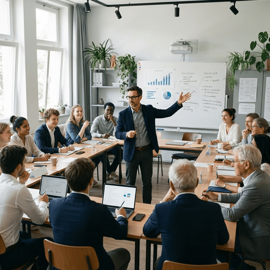 An instructor stands and speaks to a diverse group of seated students in a classroom.