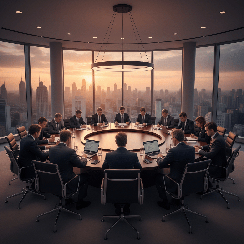 Professionals in suits sitting around a circular table in a high-rise boardroom at sunset.