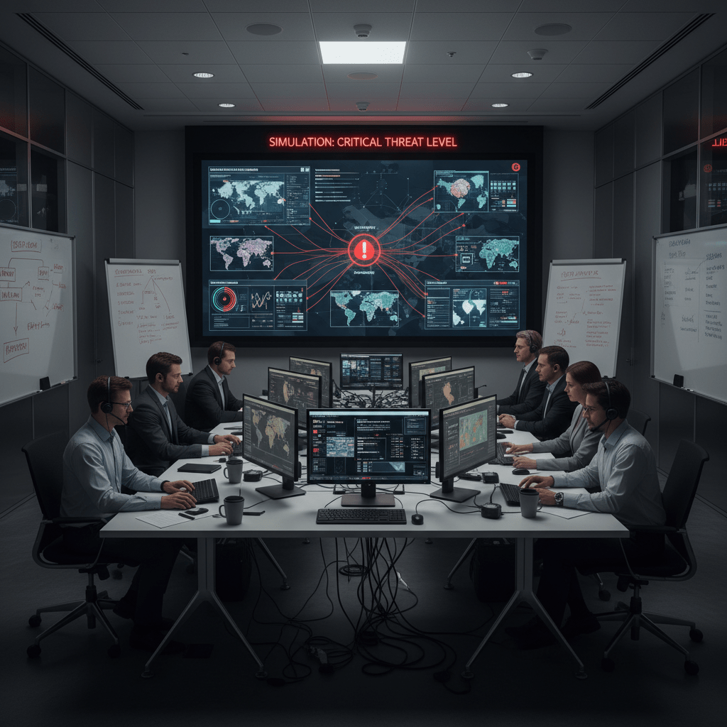 Cybersecurity team in a command center monitoring a SIMULATION: CRITICAL THREAT LEVEL global map.