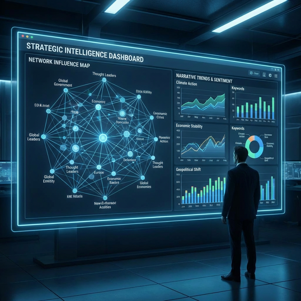 Strategic intelligence dashboard with network maps and data charts monitored by a person.